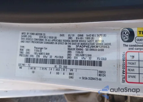 2019 Ford Fiesta Se из США, поврежденный, VIN 3FADP4EJ9KM125963